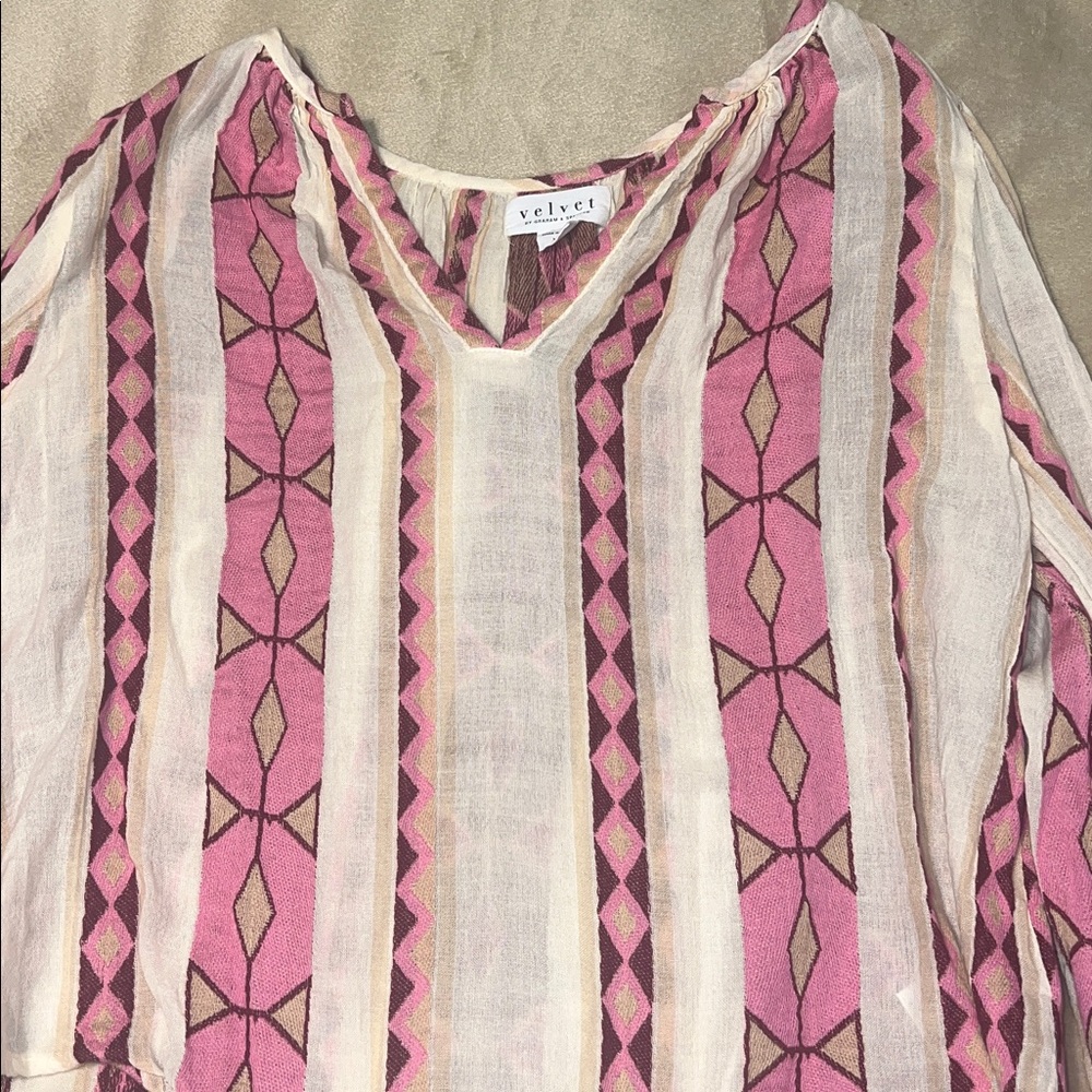 Velvet by Graham & Spencer: size XS- Pink and Cream Striped Blouse- 100% cotton